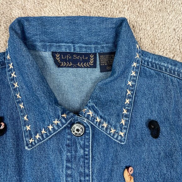 Life Style Vest Woman XL Denim Cat Lady Embroidered Appliqué Wacky Fun Funky Art - Picture 3 of 10